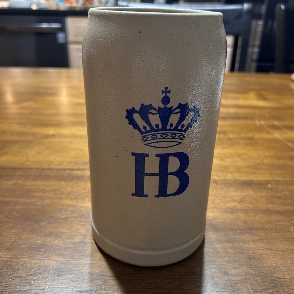 Vintage German HB Hofbrauhaus Salt Glaze Stein 1L Made in Germany Blue Tan Mug
